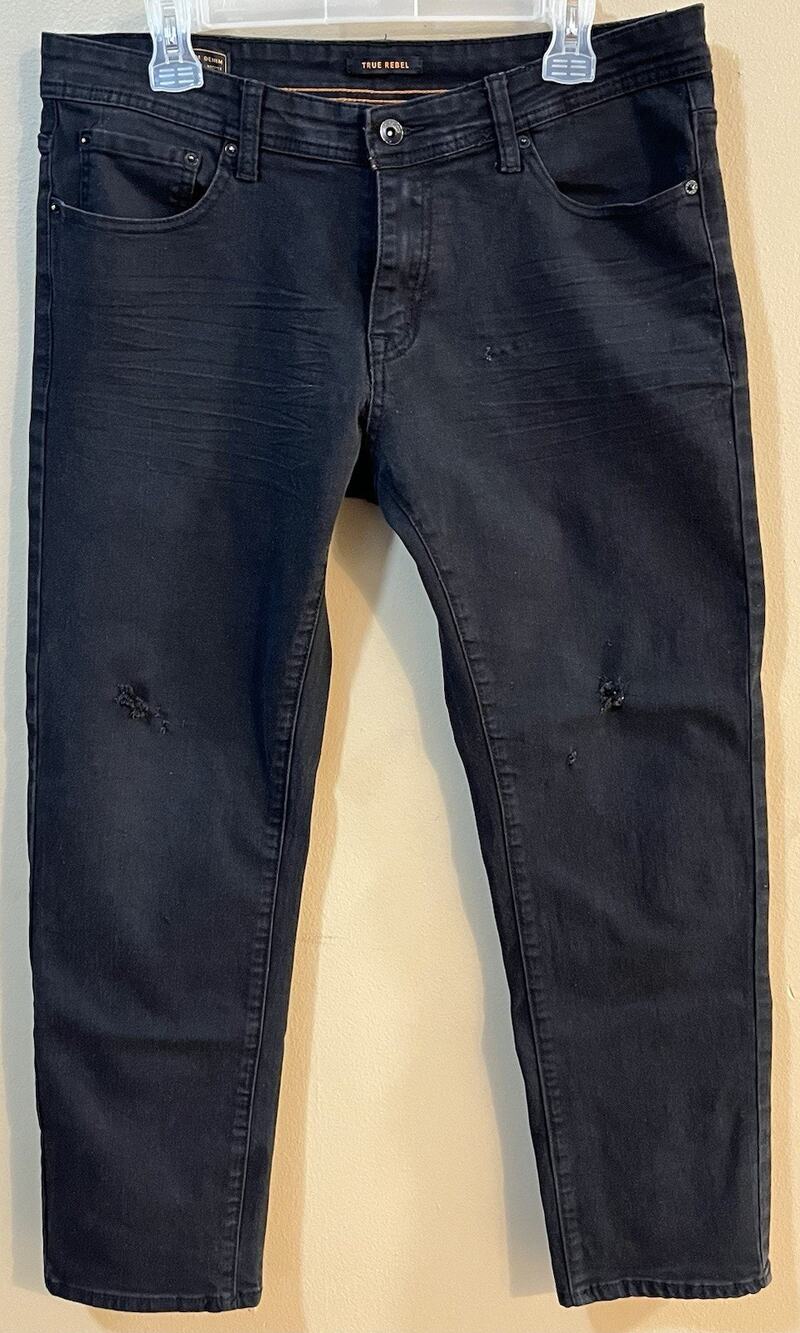 True Rebel 808 Slim Fit Jeans Men's W34 L30 Black Distressed Leather Patch